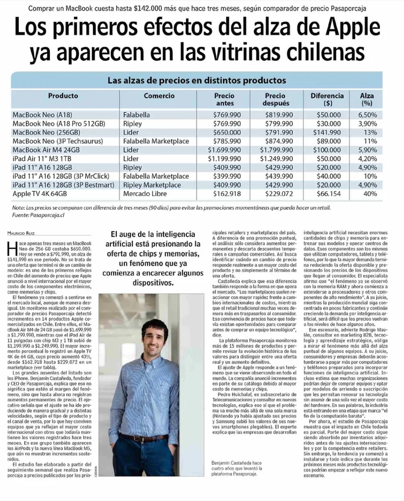 Recorte de Las Últimas Noticias: Los primeros efectos del alza de Apple ya aparecen en las vitrinas chilenas